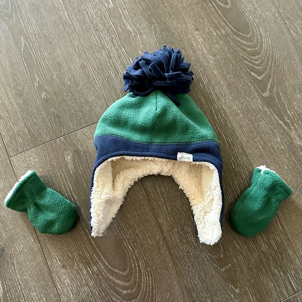 Little Me Green and Navy Baby Toddler Hat and Mittens Set
